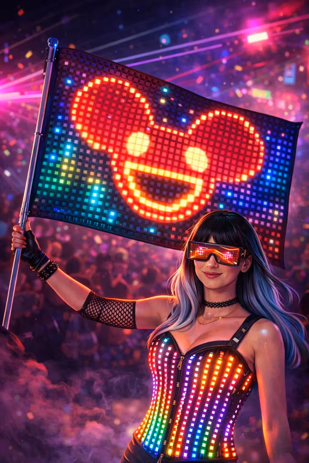 Rave flag with LED deadmau5 style character displayed